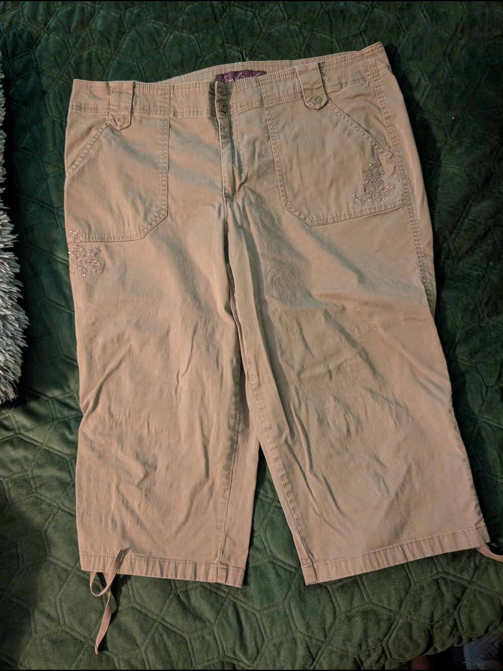 Gloria Vanderbilt Khaki Embroidered & Jeweled Capri  Pants
